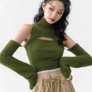 Y2K Fluffy Cut Out Crop Sweater Top for Trendy Summer Outfits