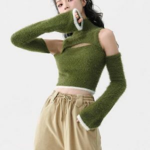 Y2K Fluffy Cut Out Crop Sweater Top for Trendy Summer Outfits