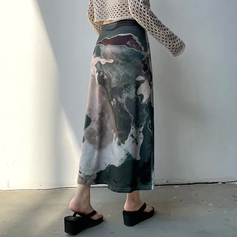 Y2K Graphic Printed Midi Skirt for Trendy Summer Outfits