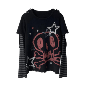 Y2K Grunge Aesthetic Emo Skull Long Sleeve Tee for Trendy Outfits