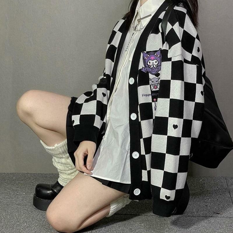 Y2K Grunge Aesthetic Kuromi Buttoned Black Cardigan for Stylish Outfits