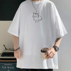 Y2K Grunge Aesthetic Lying Cat Drop Shoulder Tee for Trendy Outfits