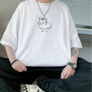 Y2K Grunge Aesthetic Lying Cat Drop Shoulder Tee for Trendy Outfits