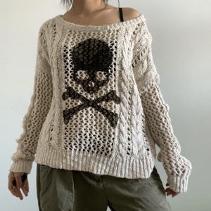 Y2K Grunge Aesthetic White Skeleton Knitted Sweater for Trendy Outfits