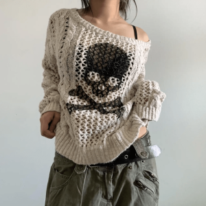 Y2K Grunge Aesthetic White Skeleton Knitted Sweater for Trendy Outfits