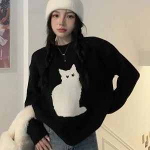 Y2K Grunge Cat Sweater: Cozy Vintage Vibes for Effortless Style