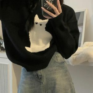 Y2K Grunge Cat Sweater: Cozy Vintage Vibes for Effortless Style