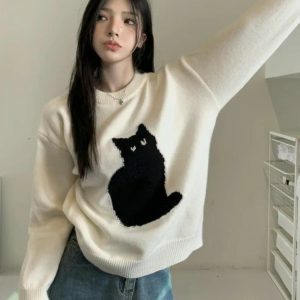 Y2K Grunge Cat Sweater: Cozy Vintage Vibes for Effortless Style