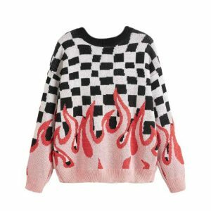 Y2K Grunge Checkered Flames Sweater for Trendy Summer Outfits