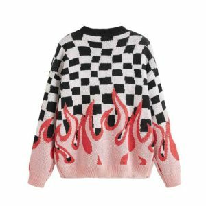 Y2K Grunge Checkered Flames Sweater for Trendy Summer Outfits