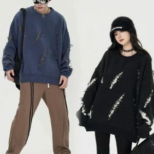 Y2K Grunge Claw Distressed Knitted Sweater for Trendy Outfits