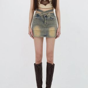 Y2K Grunge Denim Cross Belt Mini Skort for Trendy Summer Outfits