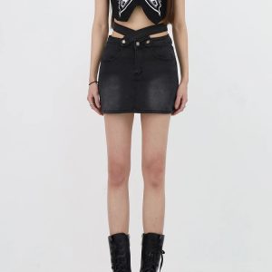 Y2K Grunge Denim Cross Belt Mini Skort for Trendy Summer Outfits