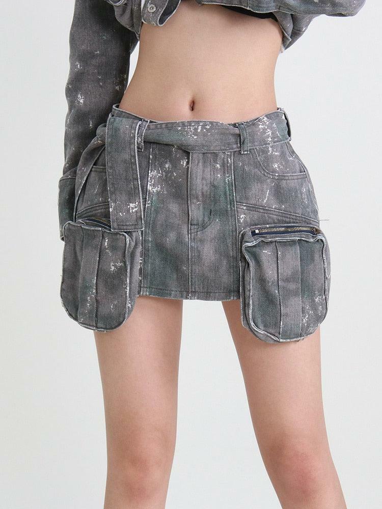 Y2K Grunge Distressed Cargo Denim Mini Skirt for Trendy Summer Vibes