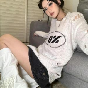 Y2K Grunge Distressed Knitted Sweater for Vintage 90s Aesthetic Style