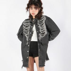 Y2K Grunge Distressed Long Denim Jacket for Effortless Style