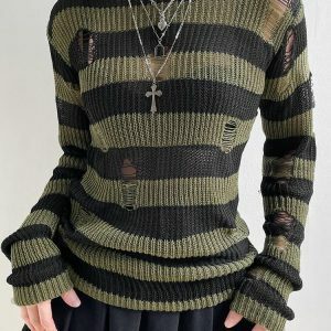 Y2K Grunge Distressed Striped Sweater for Trendy Summer Outfits