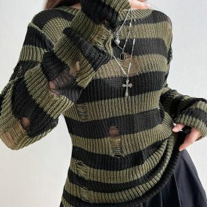 Y2K Grunge Distressed Striped Sweater for Trendy Summer Outfits