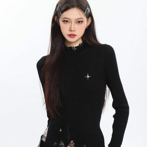 Y2K Grunge Distressed Turtleneck Sweater for Trendy Outfits