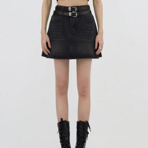 Y2K Grunge Double Belt Loop Denim Mini Skirt for Trendy Summer Outfits