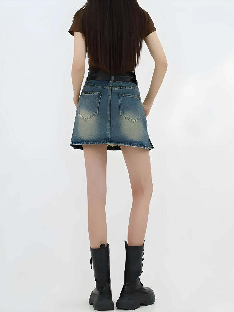 Y2K Grunge Double Belt Loop Denim Mini Skirt for Trendy Summer Outfits