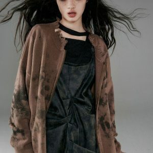 Y2K Grunge Extra Distressed Zip-Up Cardigan for Trendy Outfits