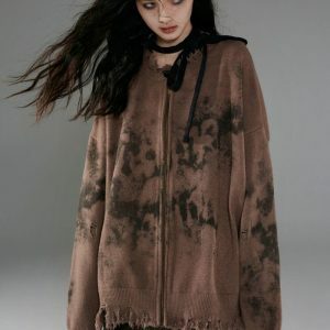 Y2K Grunge Extra Distressed Zip-Up Cardigan for Trendy Outfits