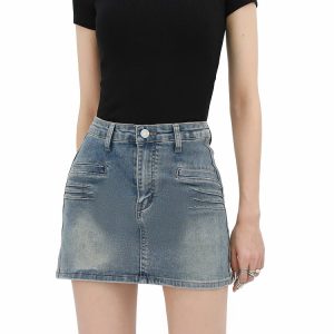 Y2K Grunge Fake Pocket Denim Mini Skirt for Trendy Summer Outfits