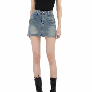 Y2K Grunge Fake Pocket Denim Mini Skirt for Trendy Summer Outfits