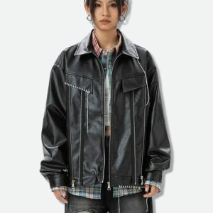 Y2K Grunge Faux Leather Jacket for Trendy 90s Fashion Lovers