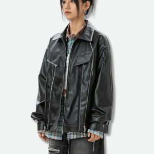 Y2K Grunge Faux Leather Jacket for Trendy 90s Fashion Lovers