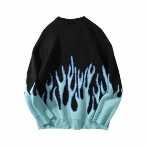 Y2K Grunge Fire Flames Sweater - Trendy 90s Aesthetic Knitwear