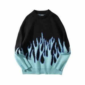 Y2K Grunge Fire Flames Sweater - Trendy 90s Aesthetic Knitwear