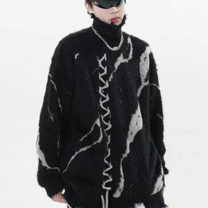 Y2K Grunge Fluffy Lace-Up Sweater for Trendy Aesthetic Outfits