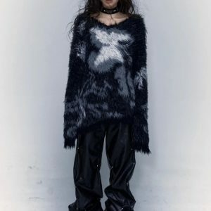 Y2K Grunge Fuzzy Sweater: Cozy 90s Style for Effortless Summer Outfits