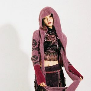 Y2K Grunge Gothic Skull Hooded Cardigan for Edgy Summer Outfits