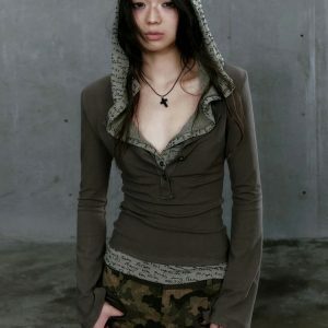 Y2K Grunge Hooded Top: Trendy Streetwear for Effortless Style