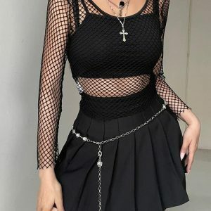 Y2K Grunge Long Sleeve Fishnet Top for Trendy Summer Outfits