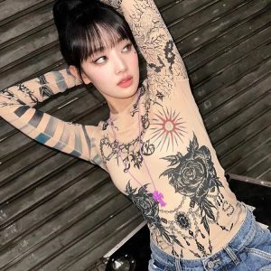 Y2K Grunge Mesh Tattoo Top for Trendy Summer Outfits