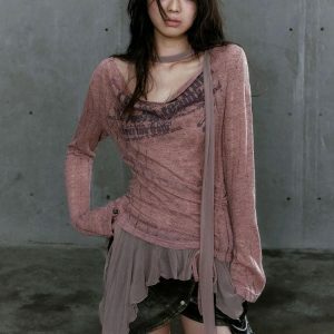 Y2K Grunge Neck Tie Ruffled Top for Trendy Summer Outfits