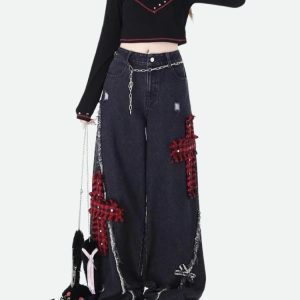 Y2K Grunge Plaid Patchwork Jeans for Trendy Summer Outfits