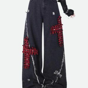 Y2K Grunge Plaid Patchwork Jeans for Trendy Summer Outfits