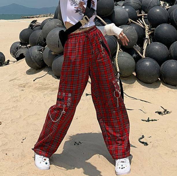 Y2K Grunge Red Cargo Pants with Chains for Trendy Summer Outfits