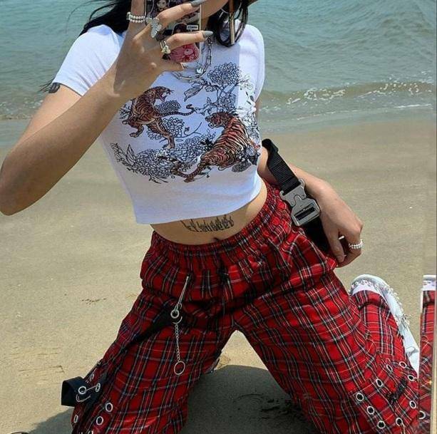 Y2K Grunge Red Cargo Pants with Chains for Trendy Summer Outfits