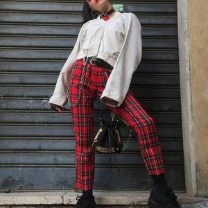 Y2K Grunge Red Checkered Pants for Trendy Summer Outfits