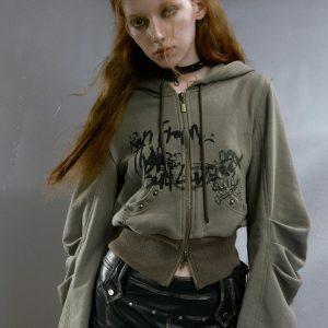 Y2K Grunge Ruched Sleeve Hoodie for Trendy Summer Outfits