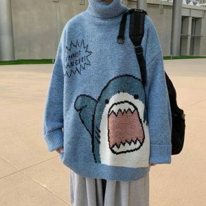 Y2K Grunge Shark Jaws Sweater - Trendy 90s Aesthetic Fashion Top