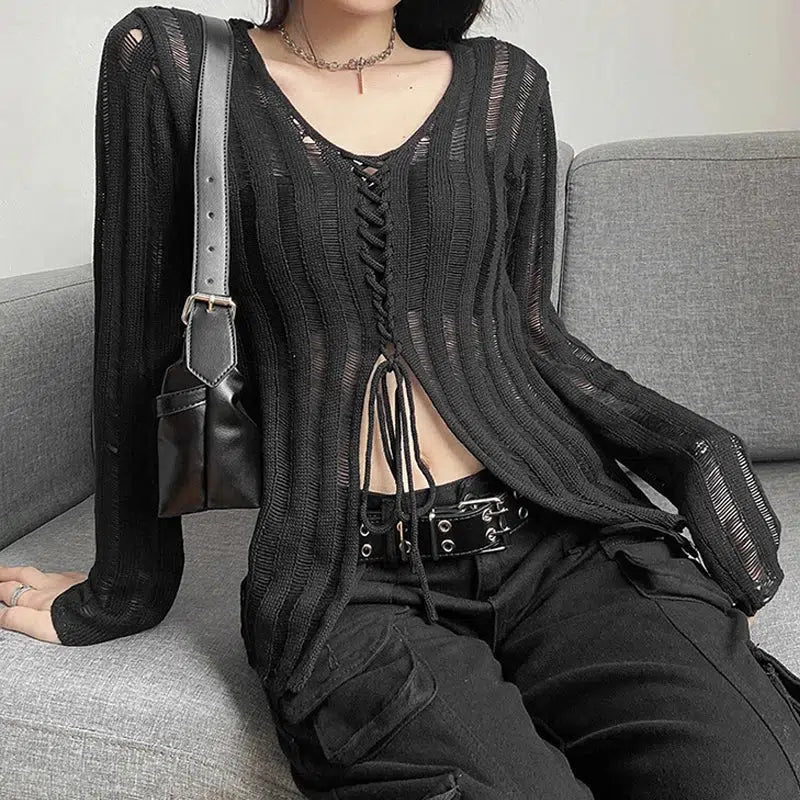 Y2K Grunge Sheer Lace-Up Knitted Top for Trendy Summer Outfits