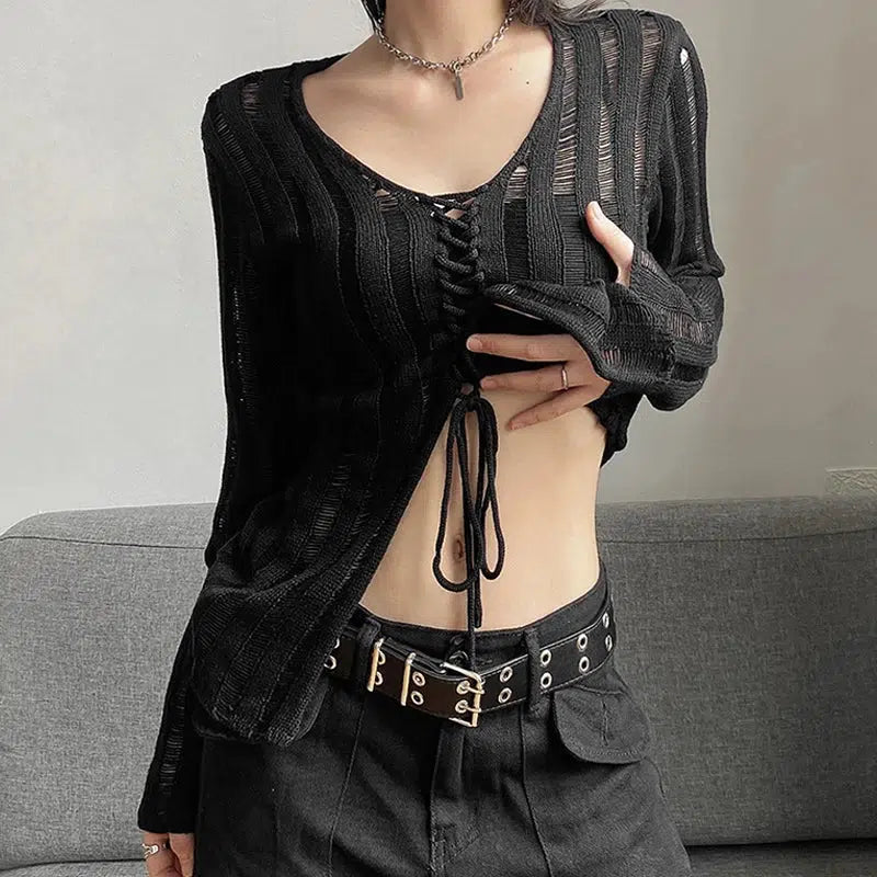 Y2K Grunge Sheer Lace-Up Knitted Top for Trendy Summer Outfits