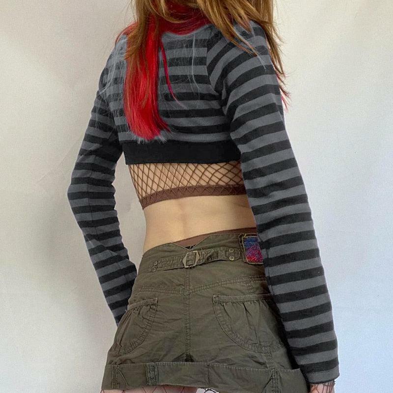 Y2K Grunge Striped Button-Up Crop Top for Trendy Summer Outfits